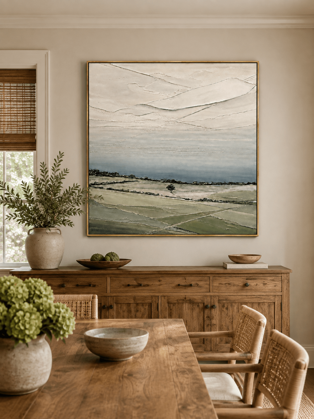 Hand-painted textured green landscape wall art displayed in a modern open-plan dining room with natural wood furniture