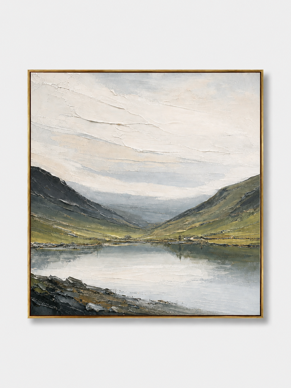 Hand-painted textured mountain lake wall art with sage green hills, blue-gray water and ivory sky on a white background