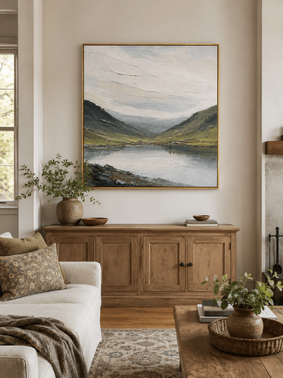 Textured sage green mountain lake painting by Evelyn Li displayed above a neutral sofa in a modern living room
