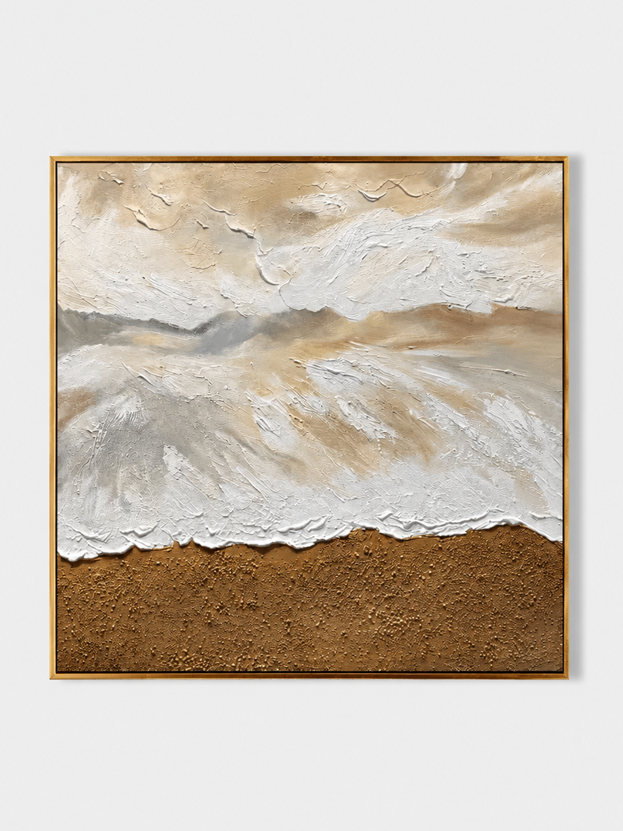 Hand-painted textured ocean wave wall art with ivory foam and warm brown sand on a white background