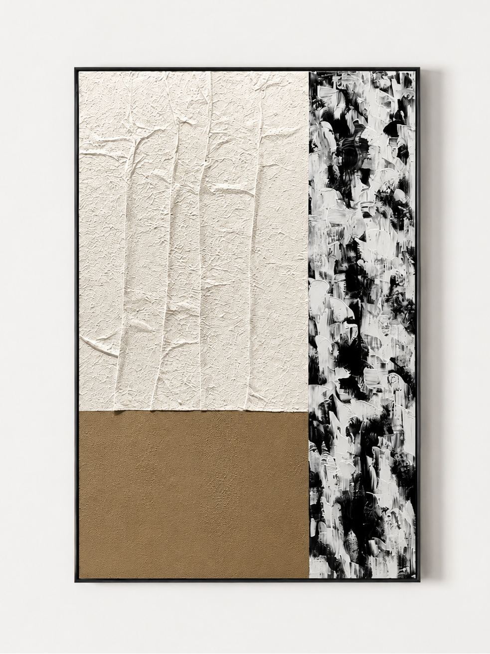 Hand-painted textured abstract wall art in ivory, camel brown, black and white by Eliot Vermeer on a white background