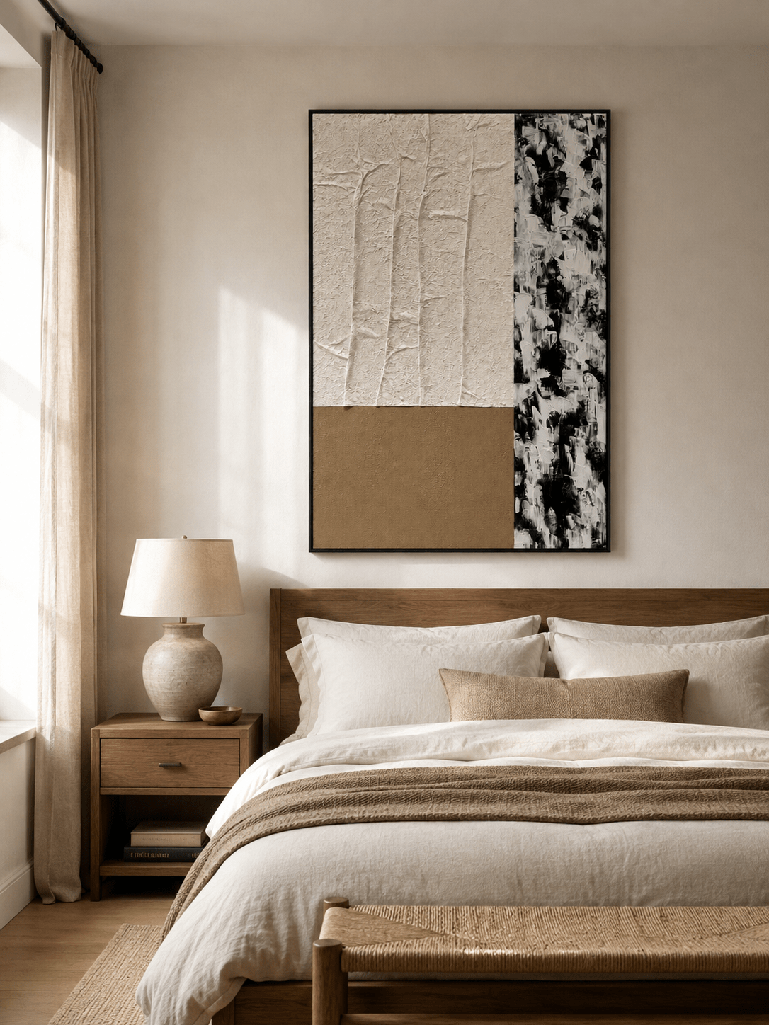 Black beige and white abstract wall art displayed above the bed in a calm neutral modern bedroom