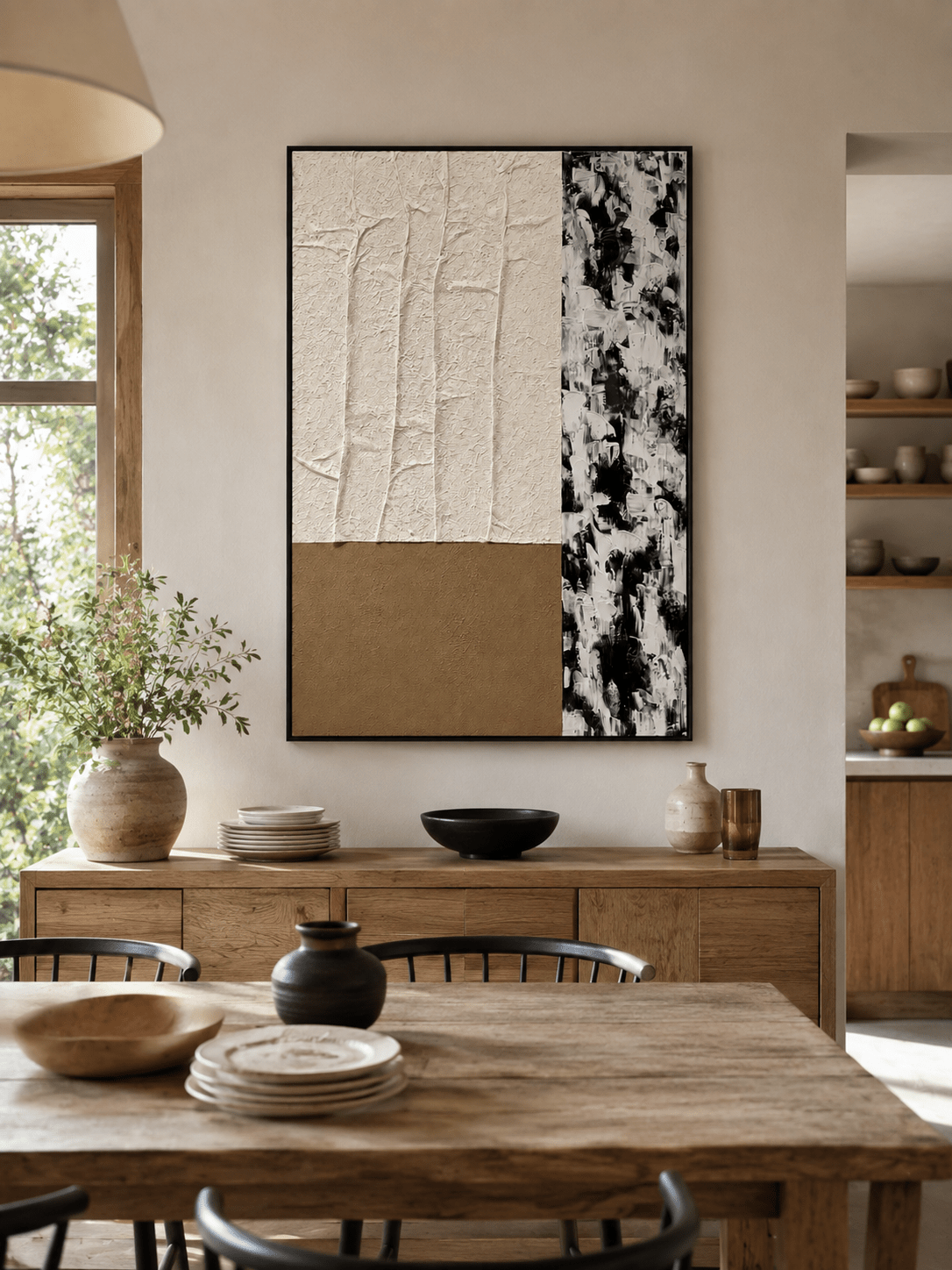 Hand-painted textured color block wall art displayed in a modern open-plan dining room with natural wood decor