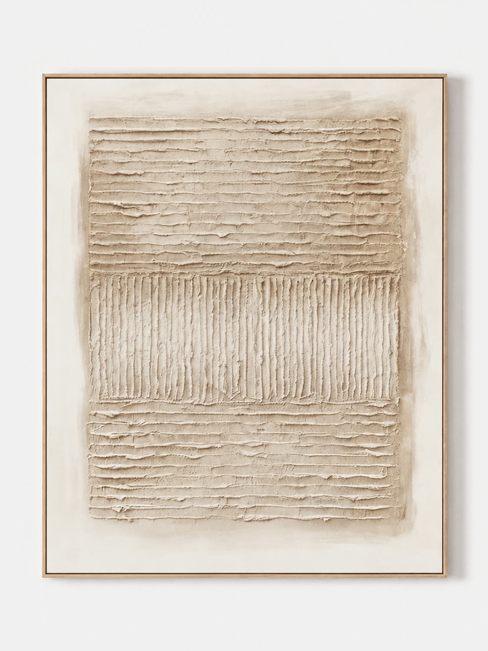 Hand-painted neutral textured abstract wall art in warm ivory and beige by Eliot Vermeer on a white background