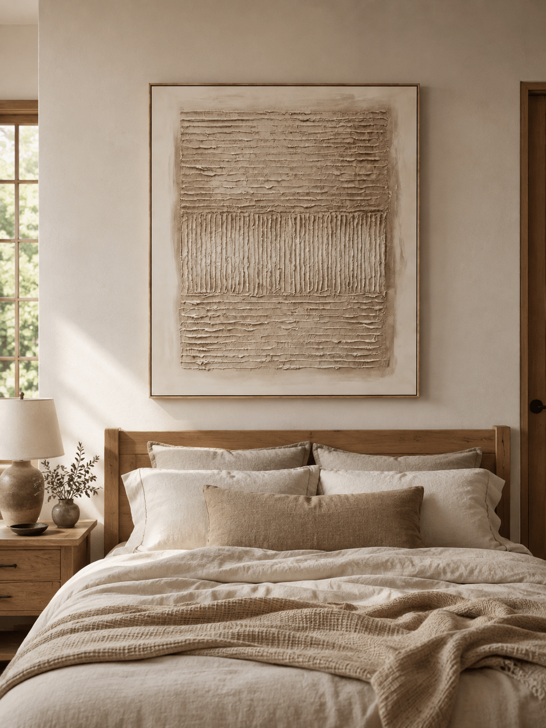 Ivory and beige textured wall art displayed above the bed in a calm minimalist bedroom