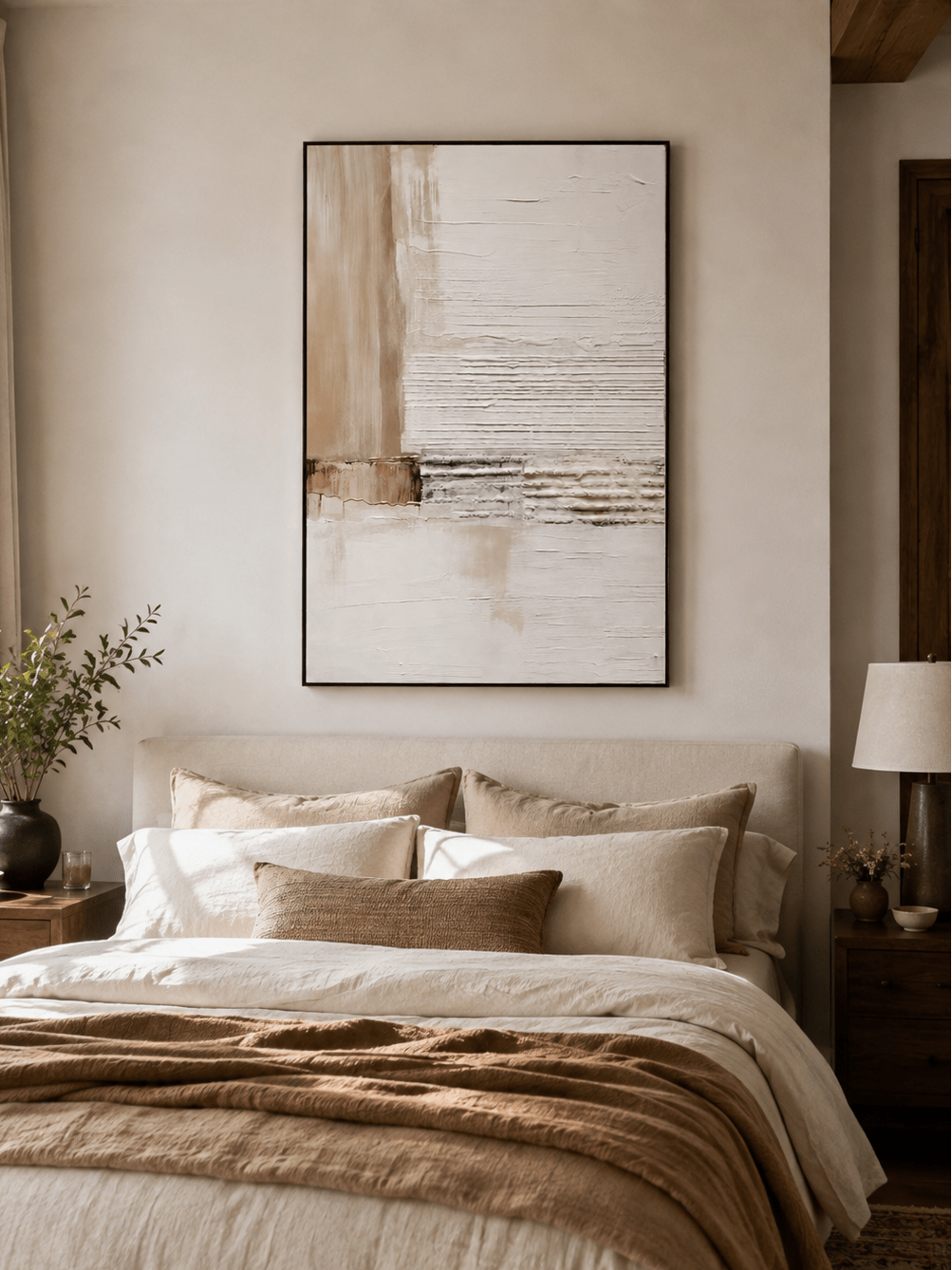 Ivory and beige textured wall art displayed above the bed in a calm minimalist bedroom