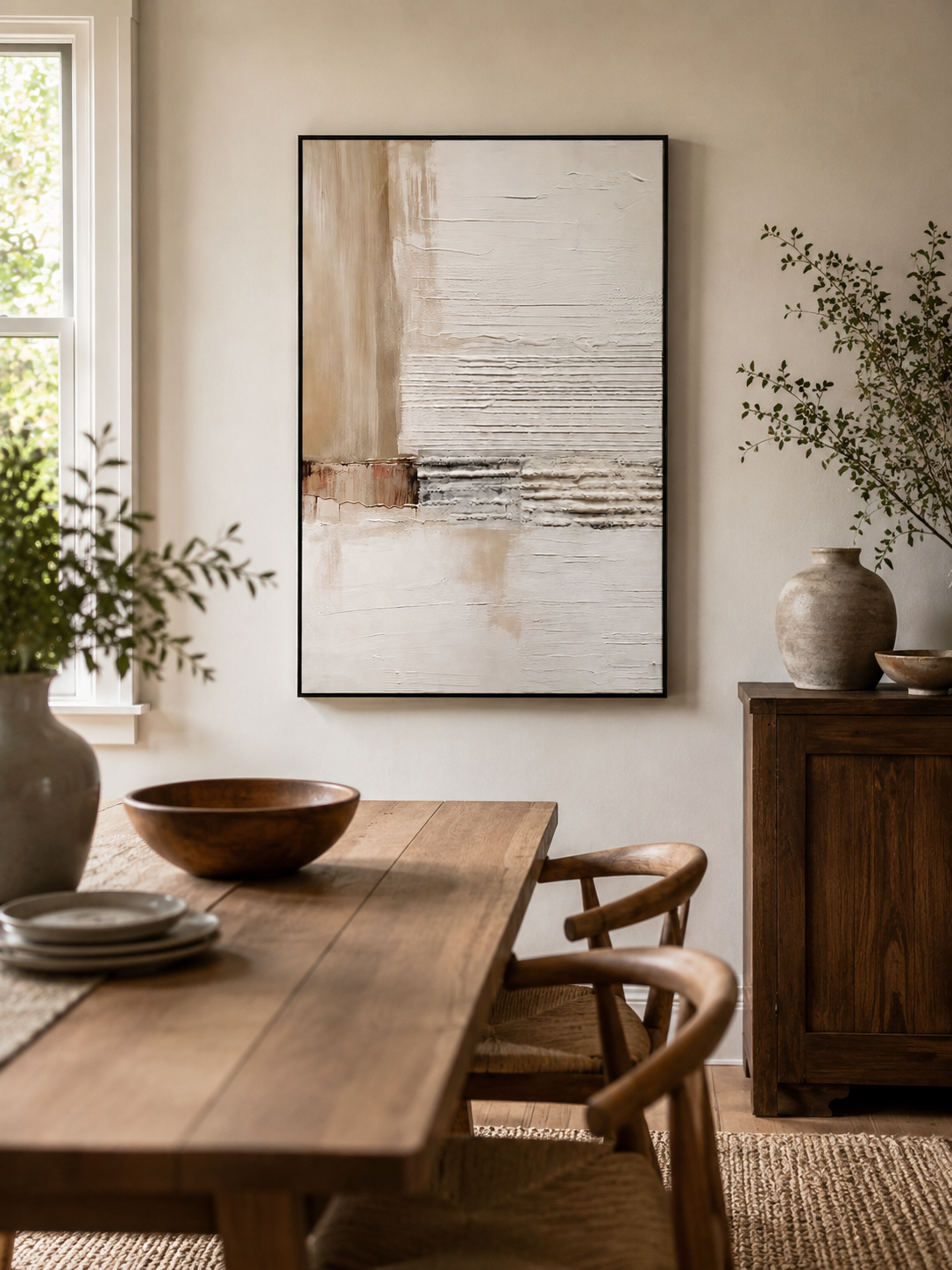 Hand-painted beige textured abstract wall art displayed in a modern dining room with natural wood decor