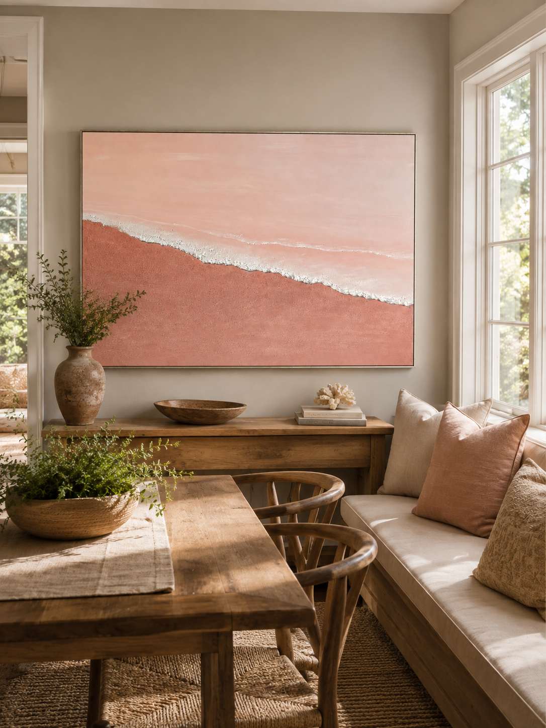 Hand-painted textured coastal wall art displayed in an open-plan dining room with light wood decor
