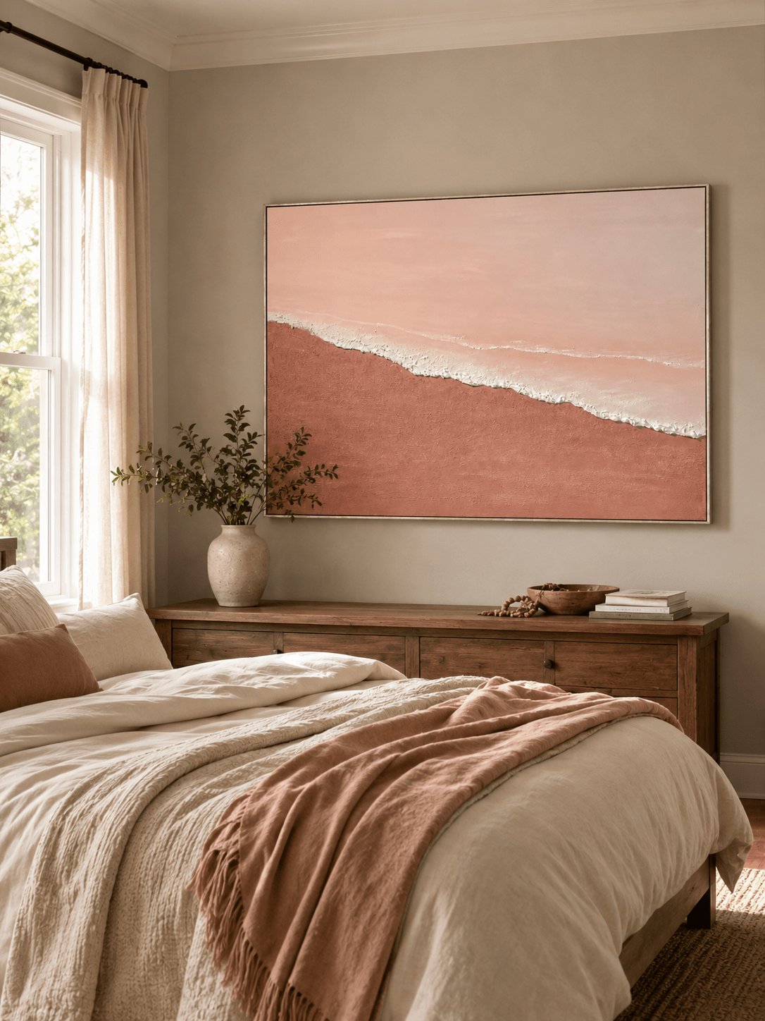 Pink beach and ocean wave painting displayed above the bed in a calm neutral modern bedroom