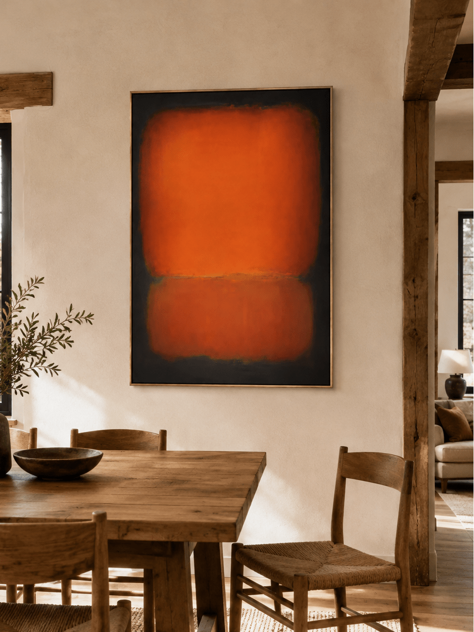 Hand-painted burnt orange abstract wall art displayed in a modern dining room with walnut furniture