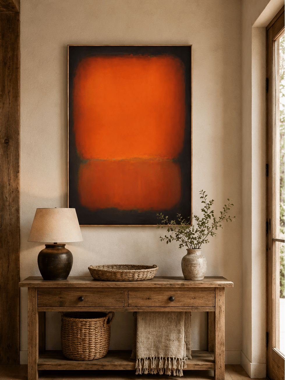 Vertical orange color field painting displayed above a console in a contemporary neutral entryway