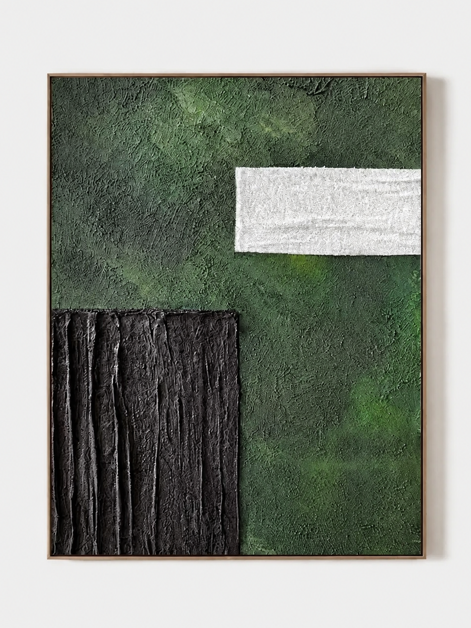 Hand-painted green textured abstract wall art in forest green, black and white by Eliot Vermeer