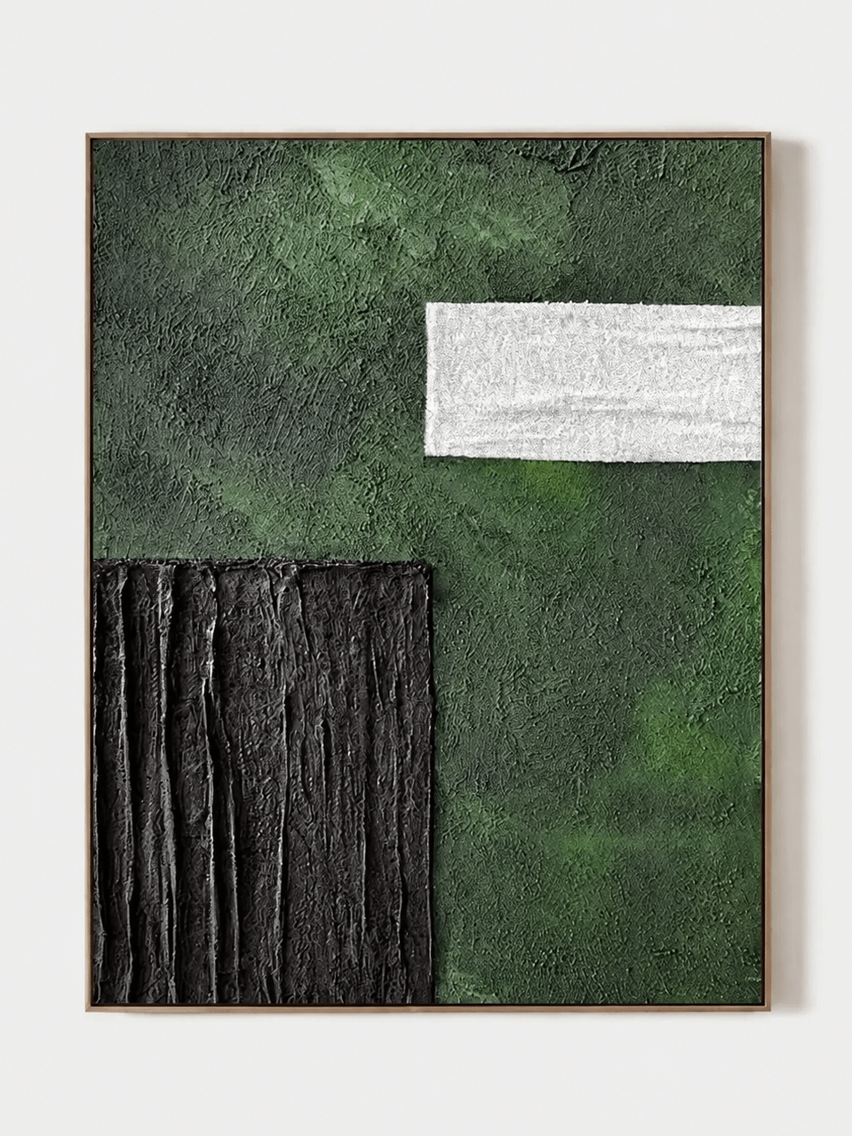 Hand-painted green textured abstract wall art in forest green, black and white by Eliot Vermeer
