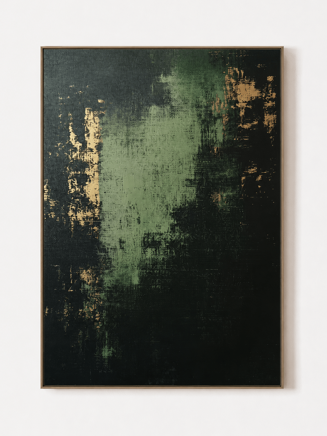 Hand-painted dark green abstract wall art in forest green, black and ochre by Akari Kobayashi on white