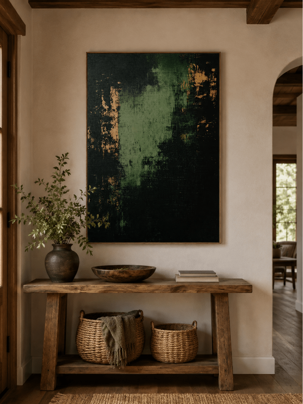 Vertical dark green abstract painting displayed above a wood console in a modern neutral entryway