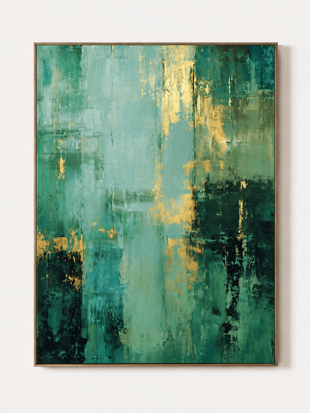 Hand-painted emerald green abstract wall art with teal and warm gold-tone accents by Akari Kobayashi