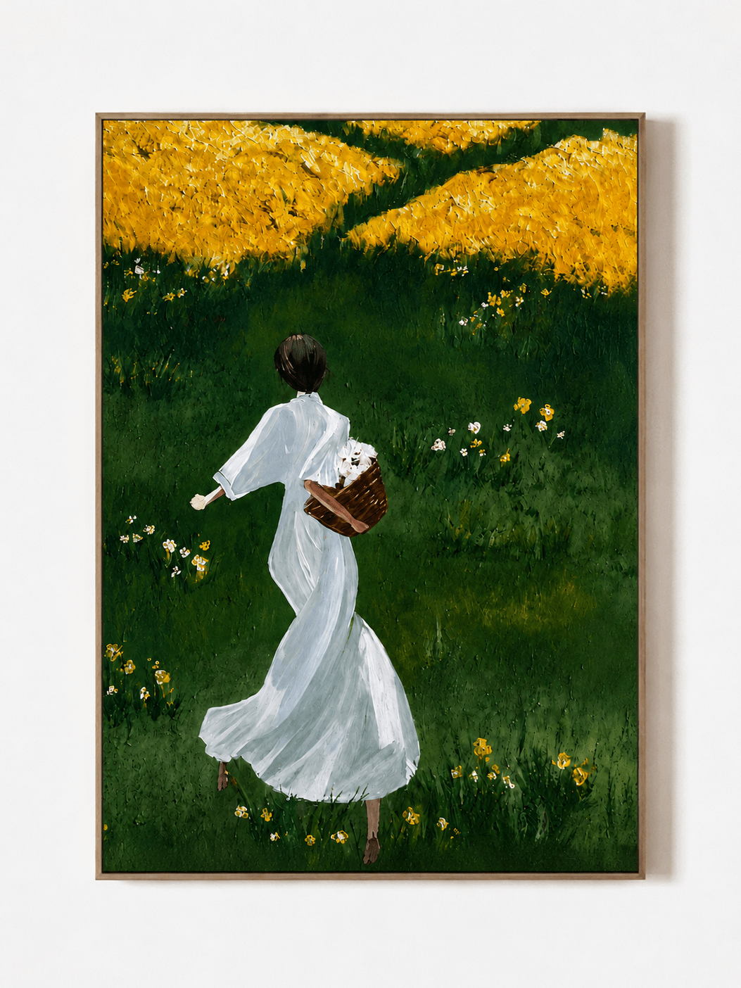 Hand-painted woman in wildflower meadow wall art with white dress, green grass and golden flowers by Maya Lin