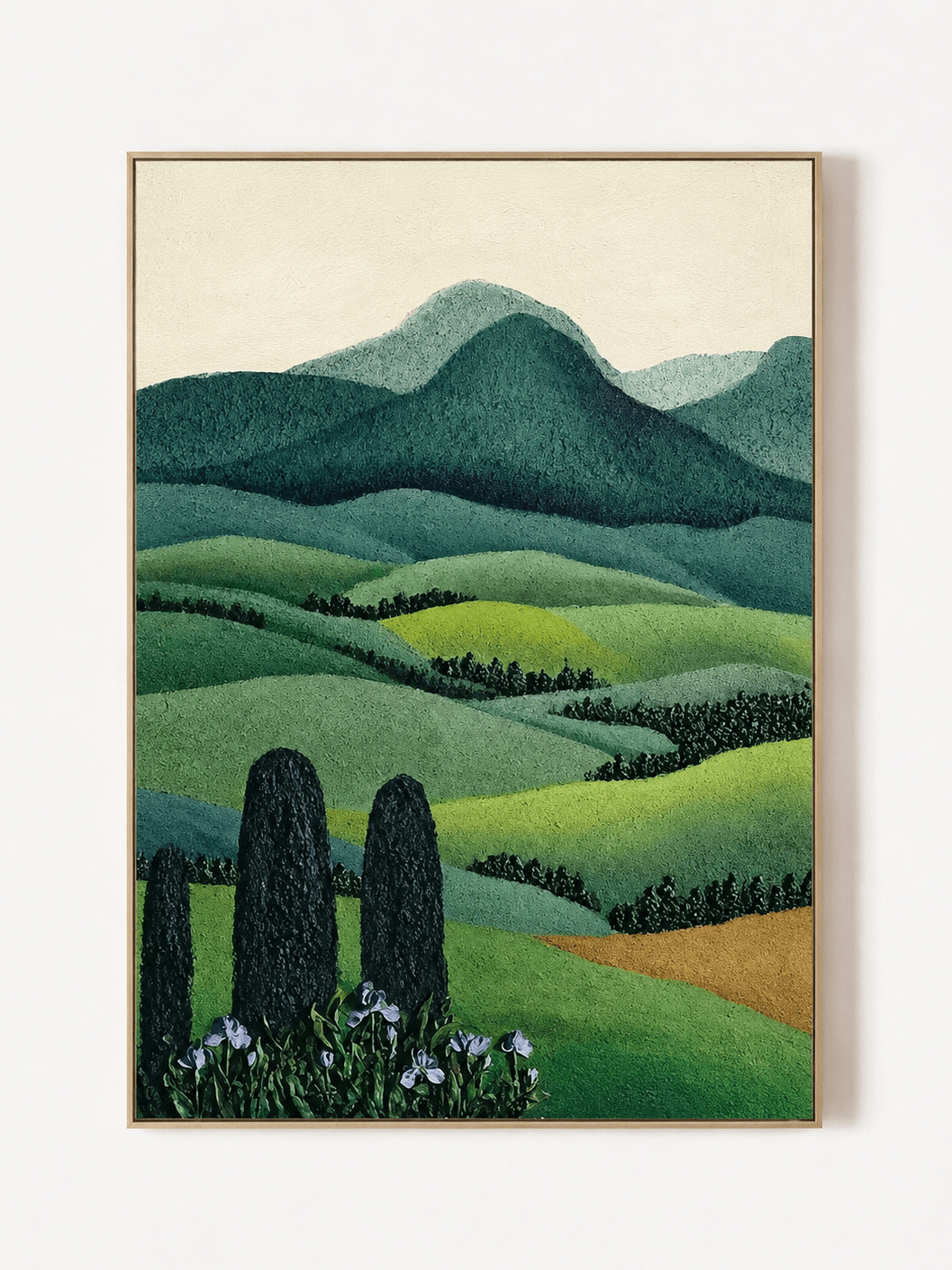 Hand-painted green rolling hills landscape wall art with cypress trees and distant mountains by Maya Lin