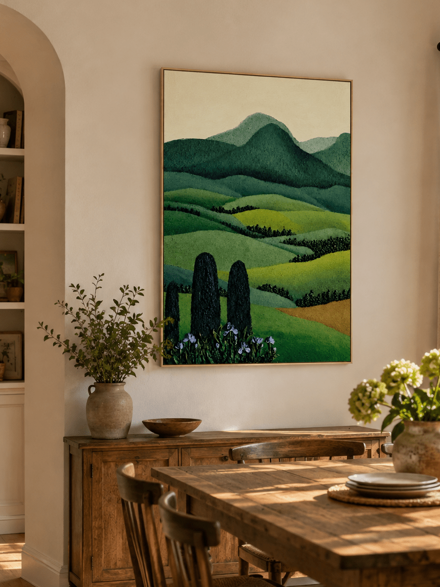 Hand-painted green landscape wall art displayed in a dining room with natural wood furniture