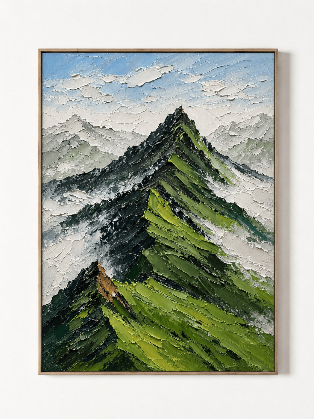 Hand-painted green textured mountain wall art with impasto peaks, snowy ridges and blue sky by Evelyn Li