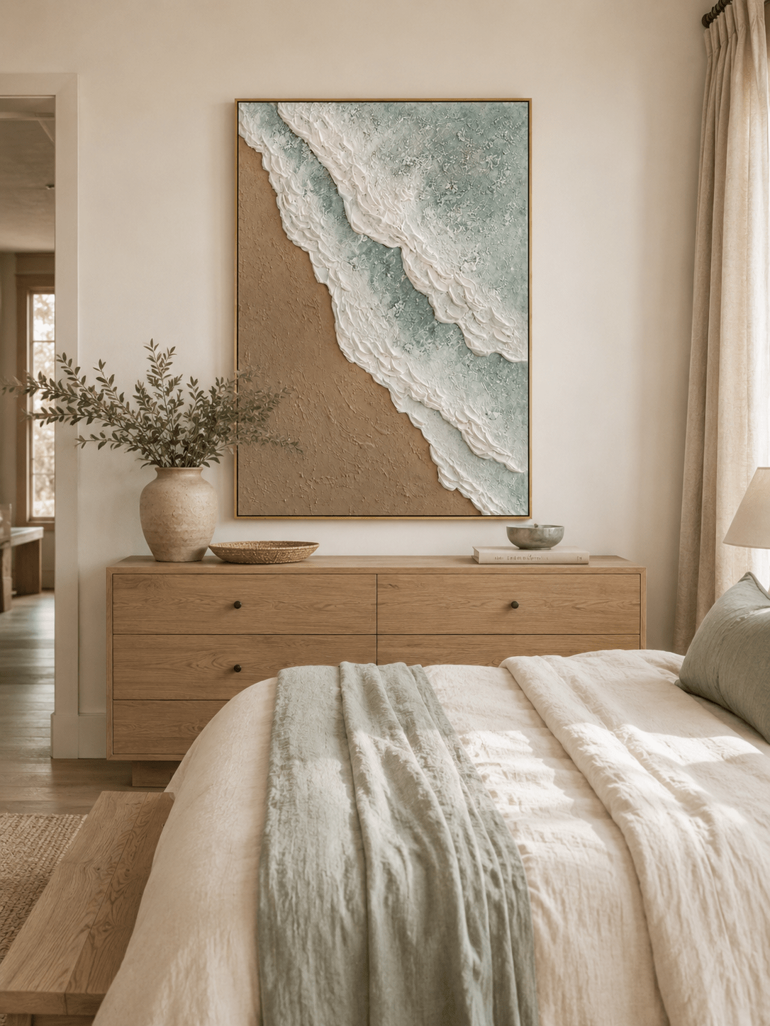 Textured sage green beach wall art displayed above the bed in a calm neutral bedroom