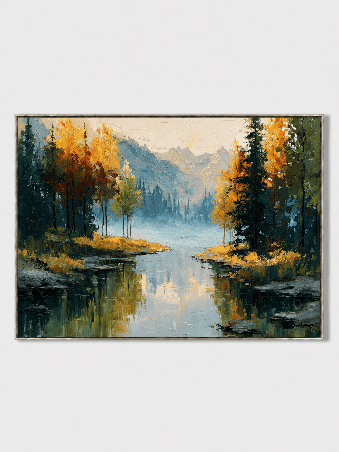 Hand-painted autumn mountain lake wall art with golden trees, evergreen forest and blue-gray mountains by Evelyn Li
