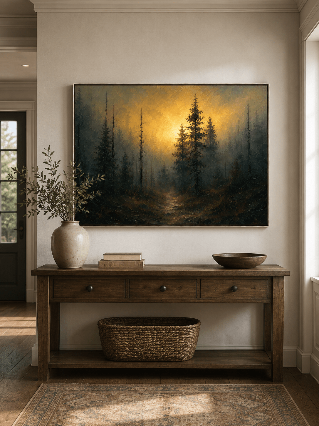 Horizontal golden pine forest painting displayed above a long wood console in a warm modern entryway