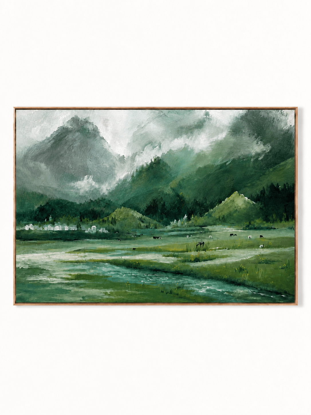 Hand-painted alpine mountain landscape with green meadow, misty peaks, grazing cows and stream by Evelyn Li