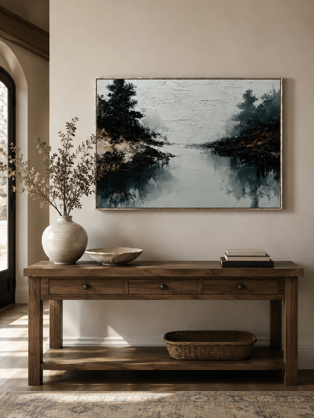 Horizontal neutral lake painting displayed above a long wood console in a modern entryway
