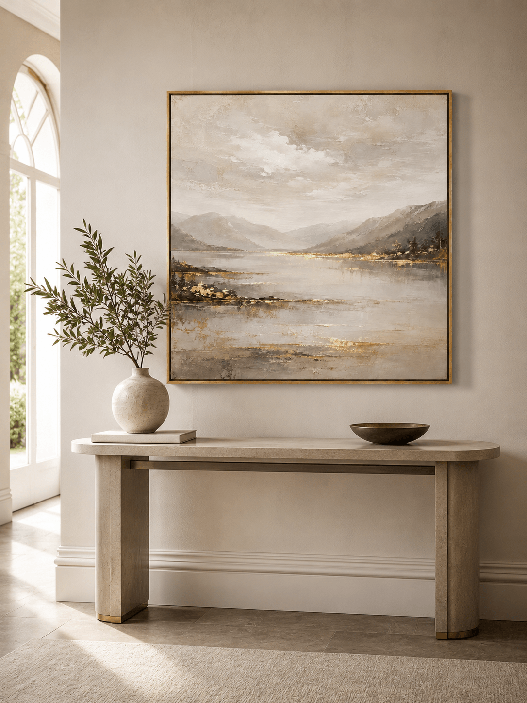 Modern textured neutral landscape wall art displayed above an entryway console in a contemporary home