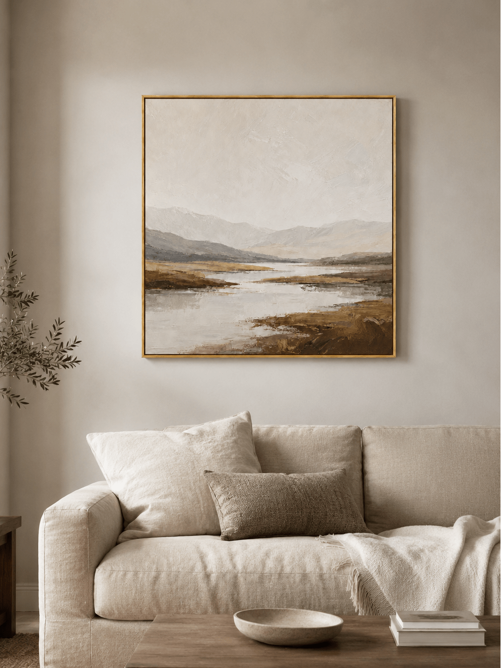 Large neutral textured mountain landscape wall art displayed above a beige sofa in a modern living room