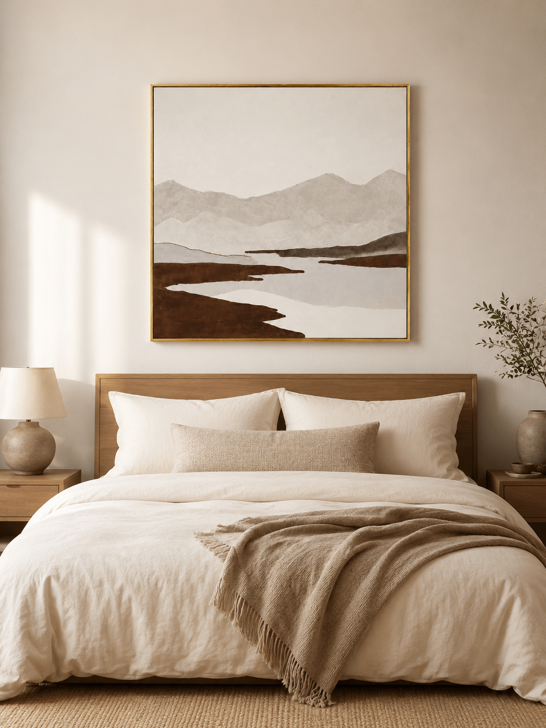 Minimalist textured mountain landscape painting displayed above the bed in a warm neutral bedroom