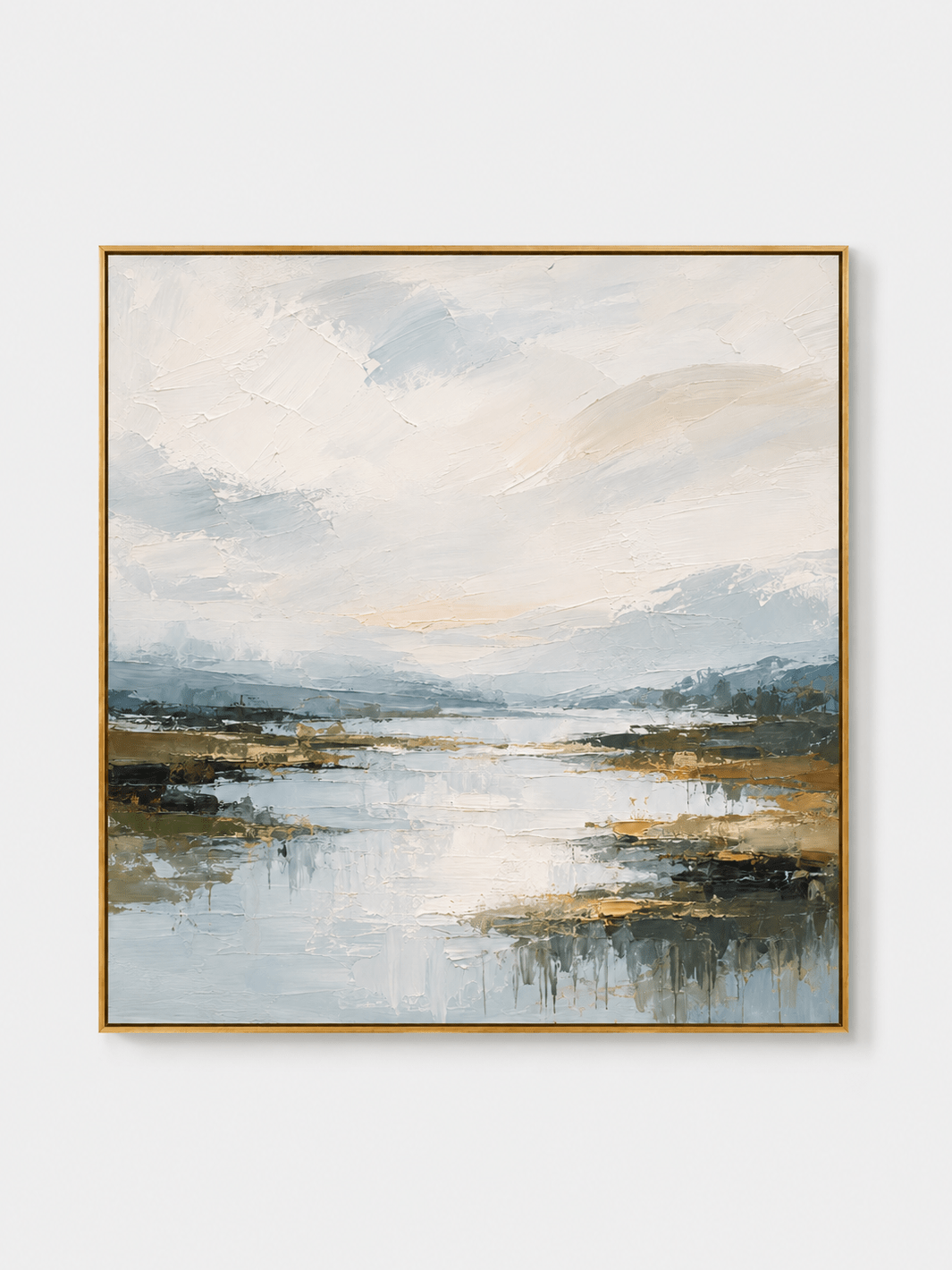 Hand-painted textured blue river landscape wall art in ivory, blue-gray and earthy tones by Evelyn Li