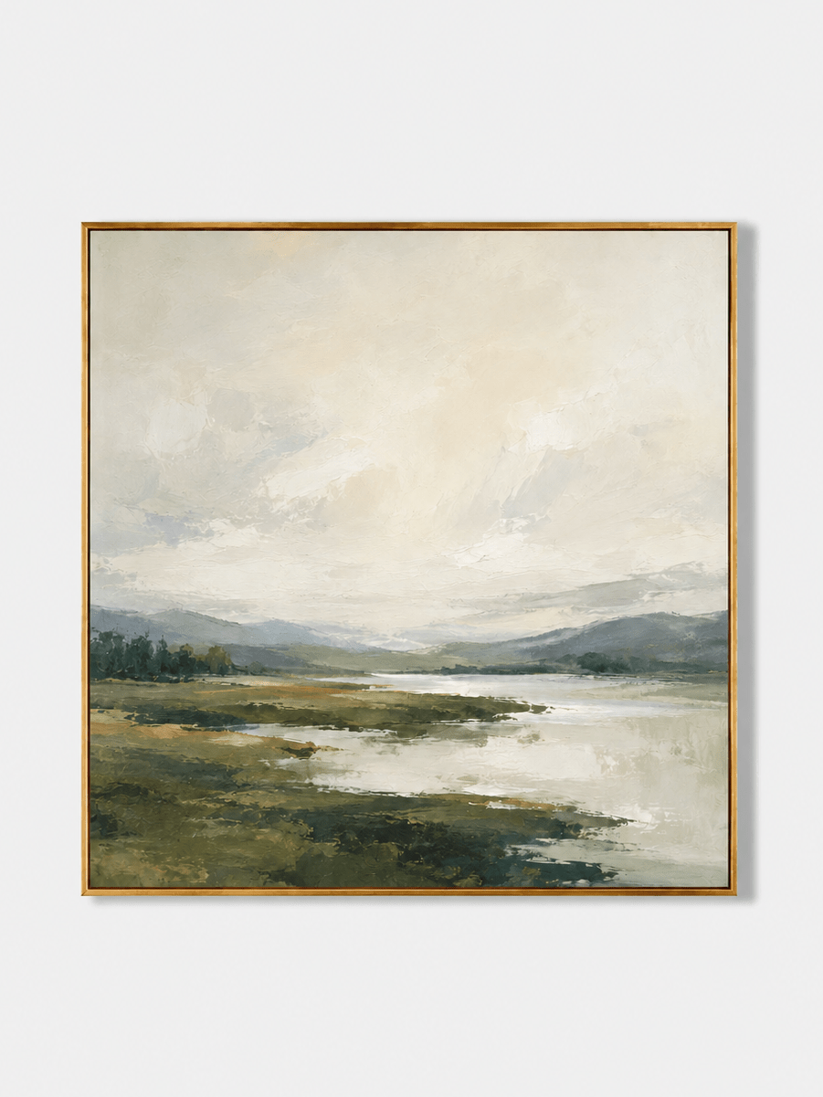 Hand-painted green textured river landscape wall art in warm ivory, sage and olive tones by Evelyn Li