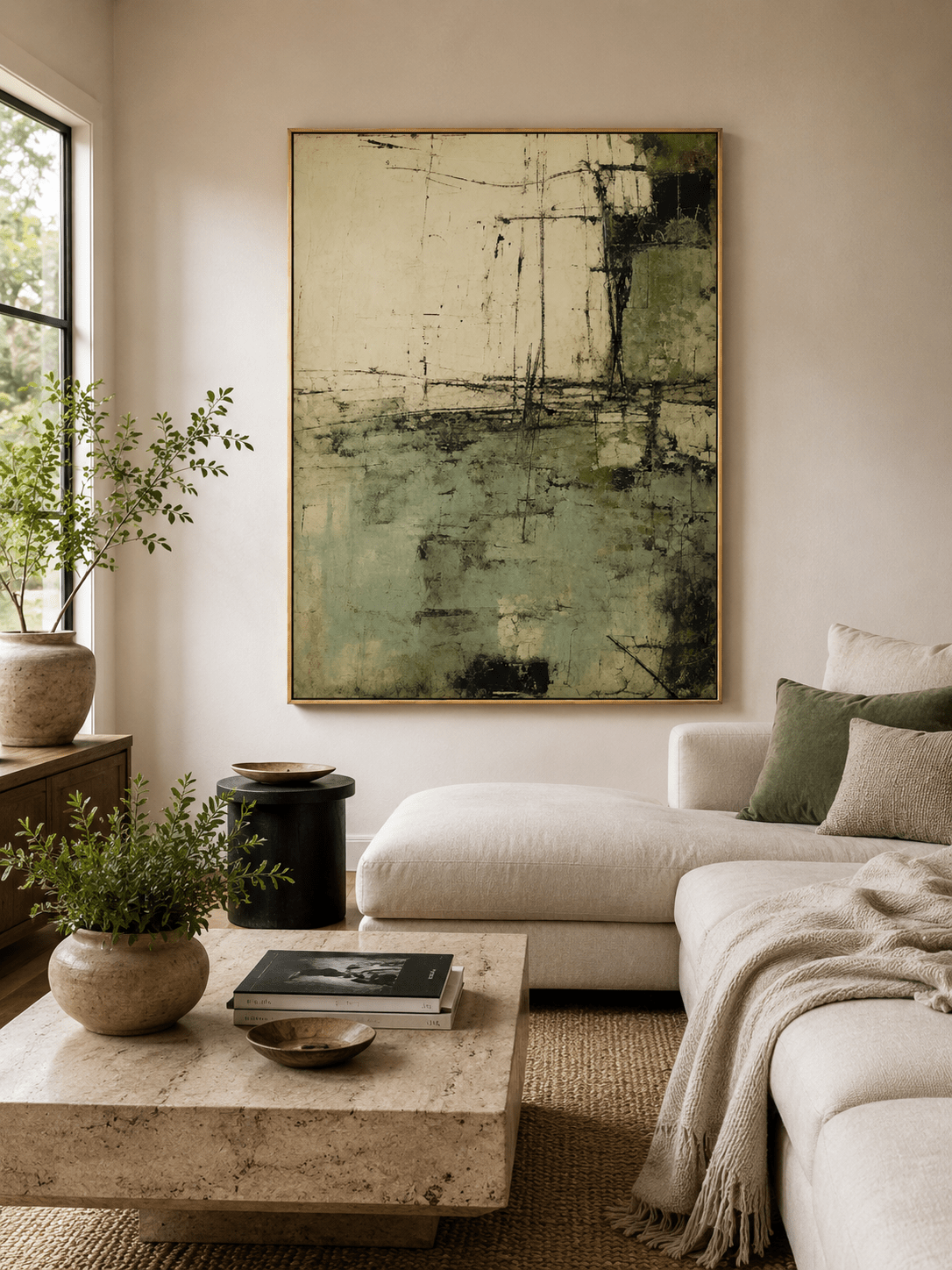 Sage green abstract wall art displayed above a neutral sofa in an organic modern living room
