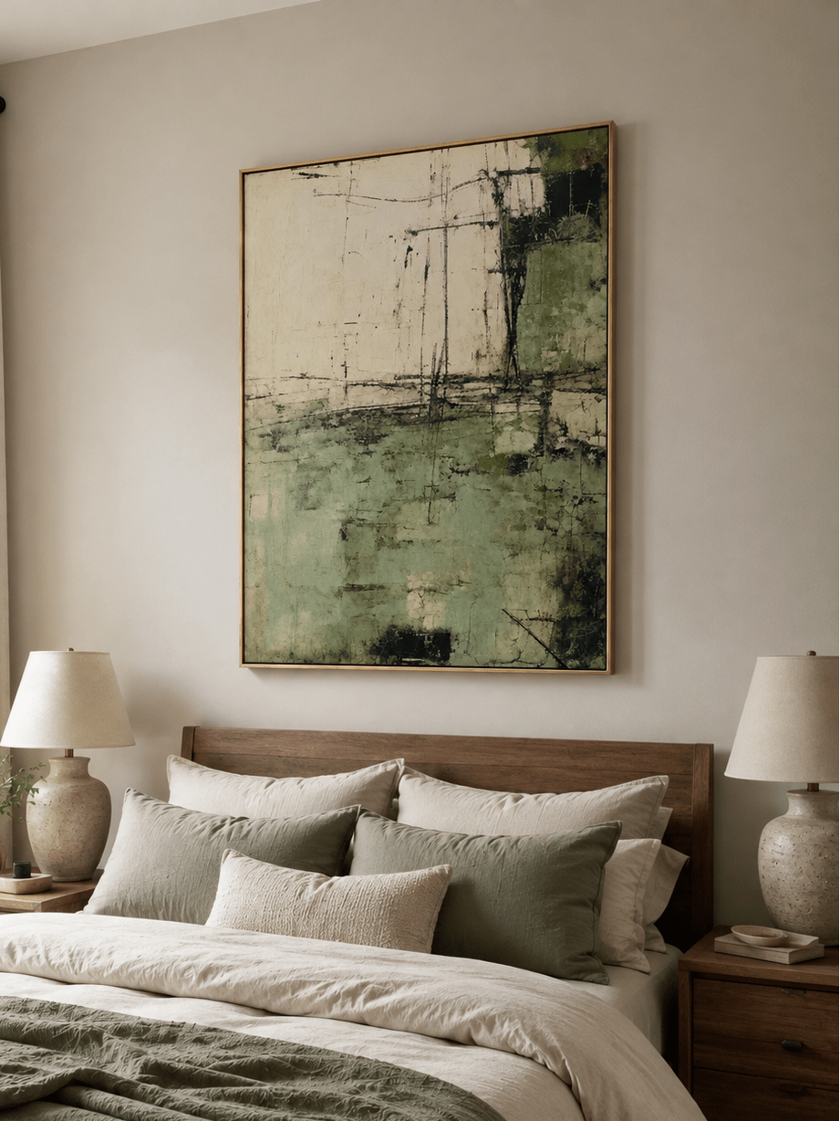 Green and ivory abstract painting displayed above the bed in a calm contemporary bedroom