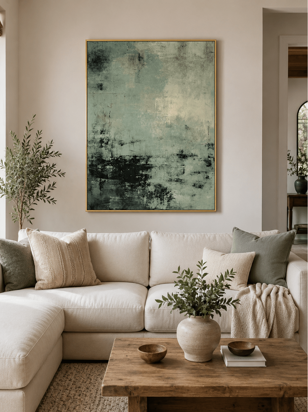 Sage green abstract wall art displayed in a modern living room above a sofa