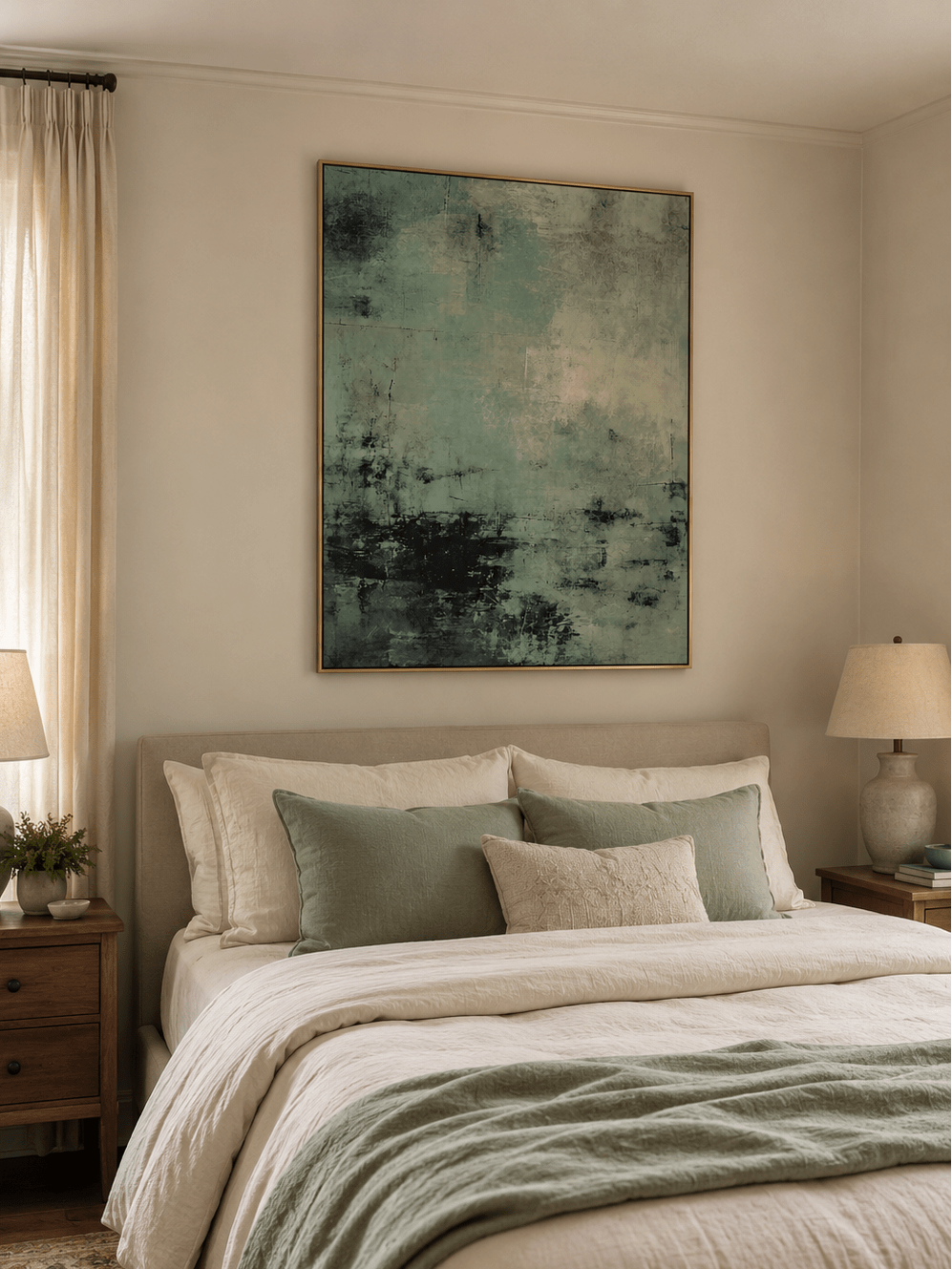Wabi-sabi green abstract painting displayed above a bed in a calm modern bedroom