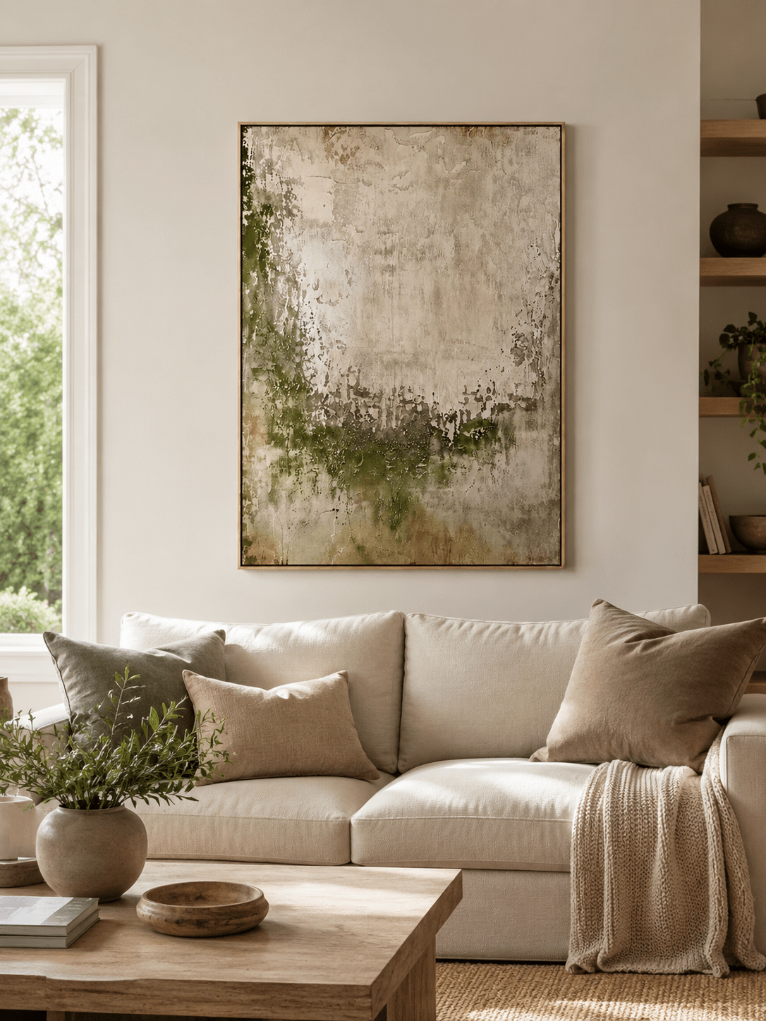 Moss green abstract wall art displayed above a neutral sofa in an organic modern living room