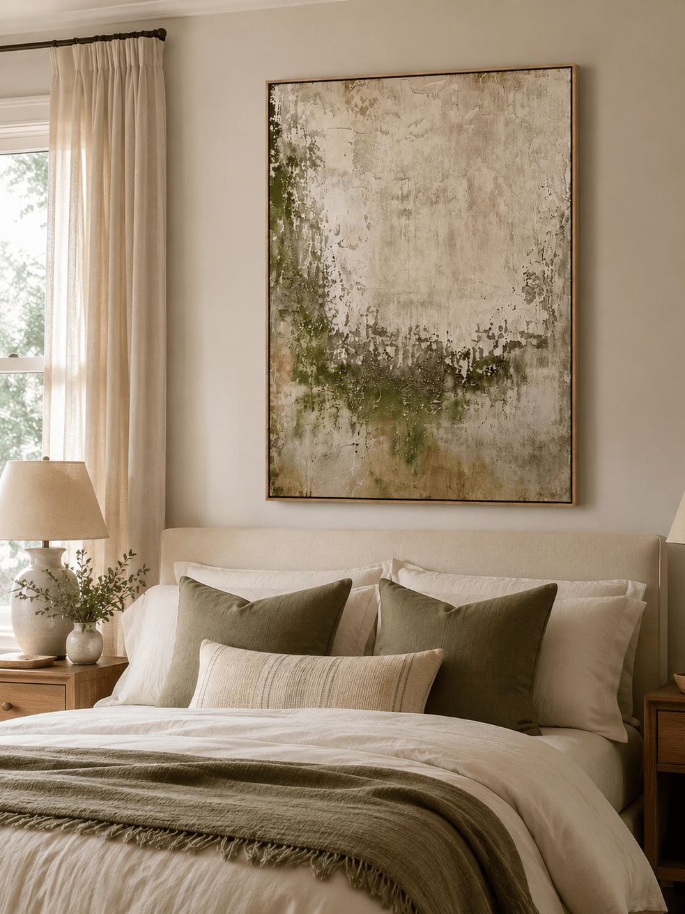 Ivory and sage green abstract painting displayed above the bed in a calm neutral bedroom