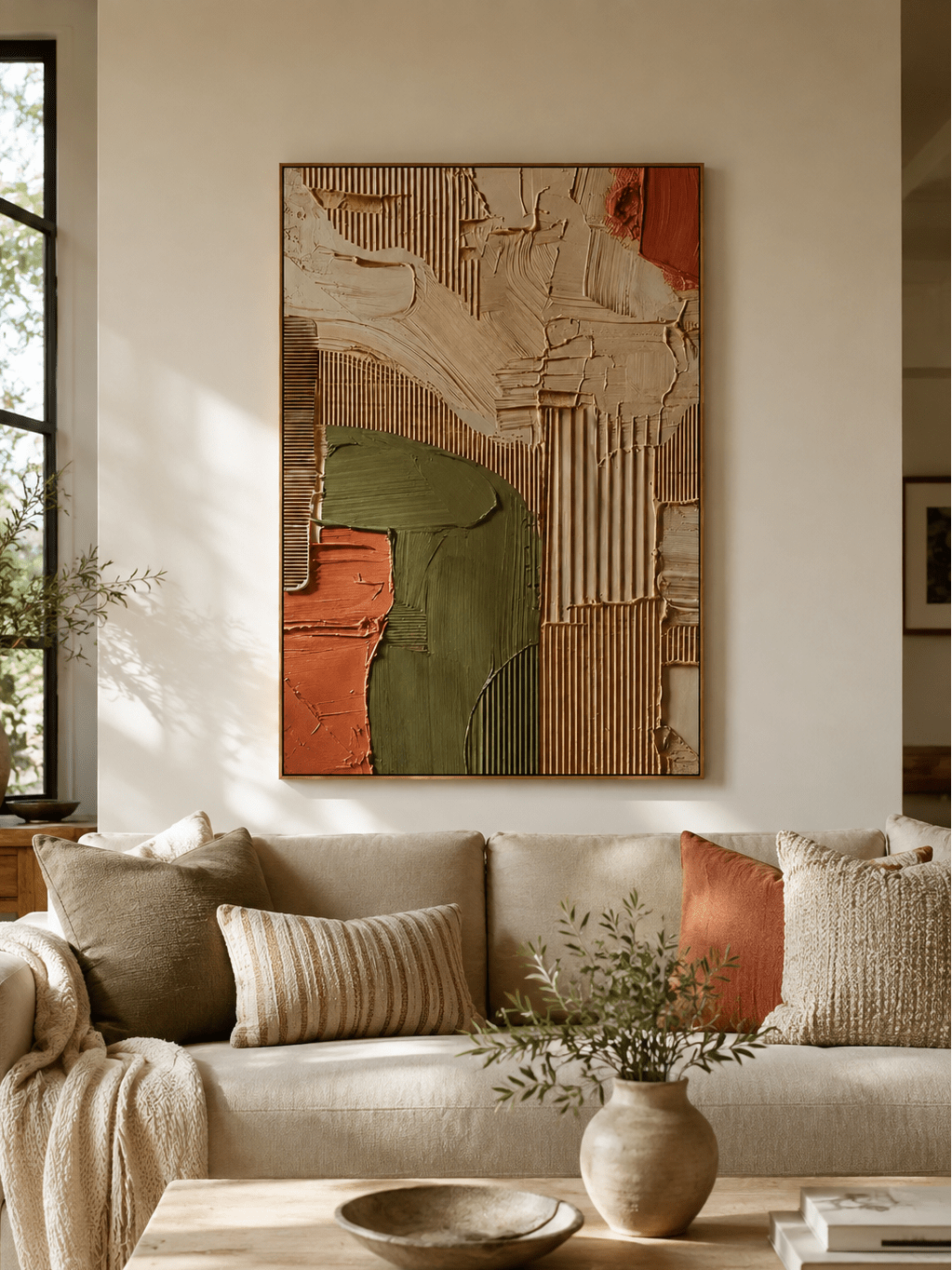 Wabi-sabi textured geometric wall art displayed above a neutral sofa in an organic modern living room