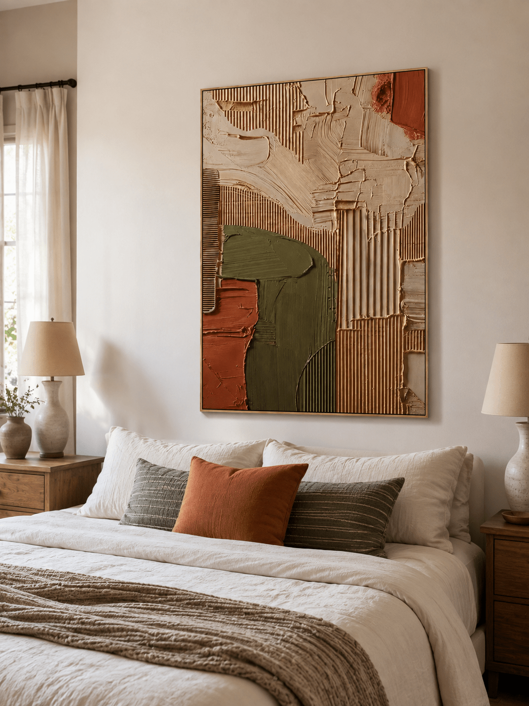 Earth-tone textured abstract wall art styled above a bed in a warm minimalist bedroom