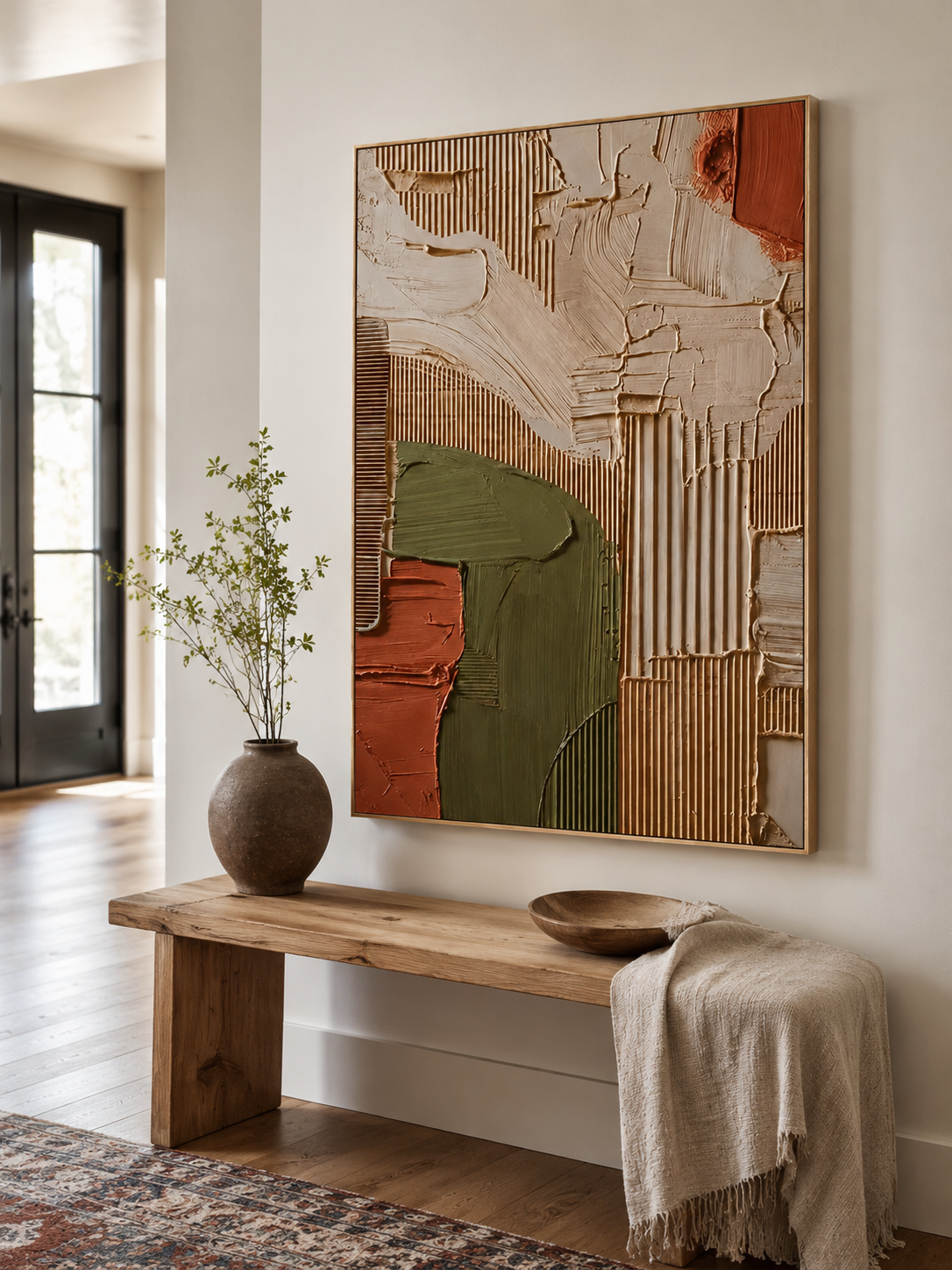 Hand-painted textured geometric canvas displayed above an entryway console in a wabi-sabi foyer