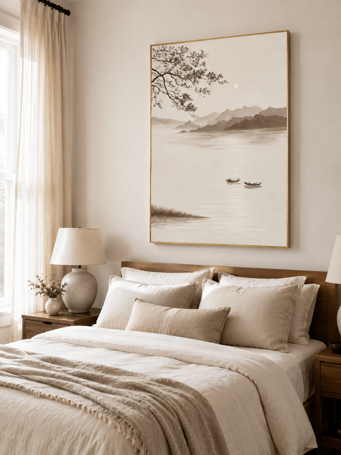 Neutral mountain and lake wall art displayed above a bed in a calming Japandi bedroom