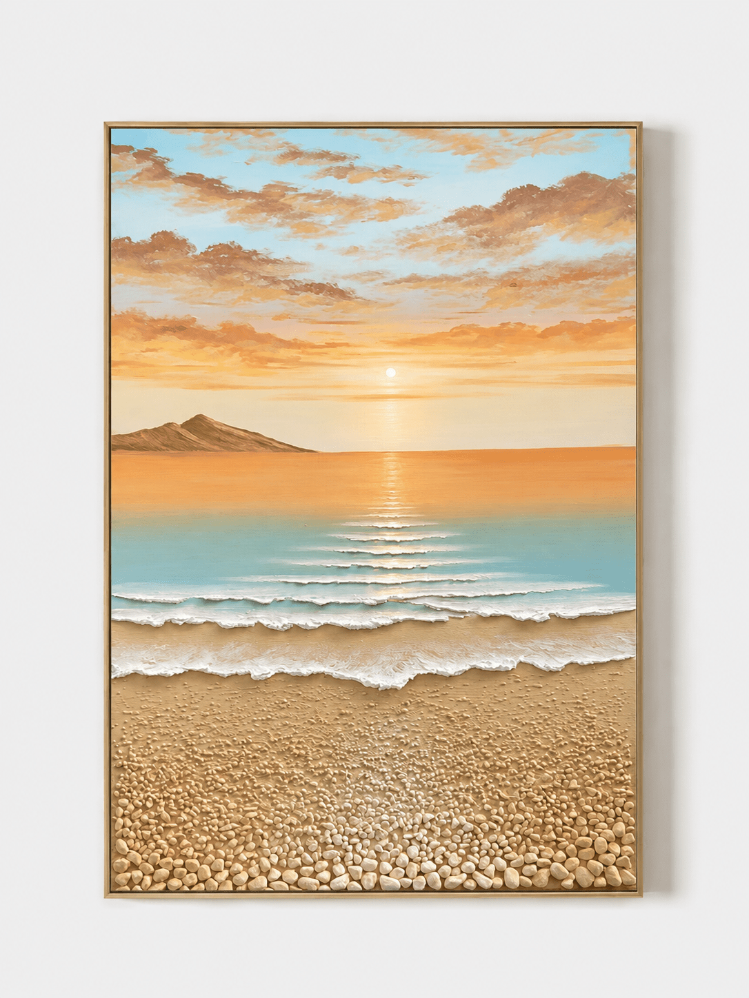 Hand-painted 3D textured coastal sunrise wall art in aqua, peach and sand tones by Leo Liang