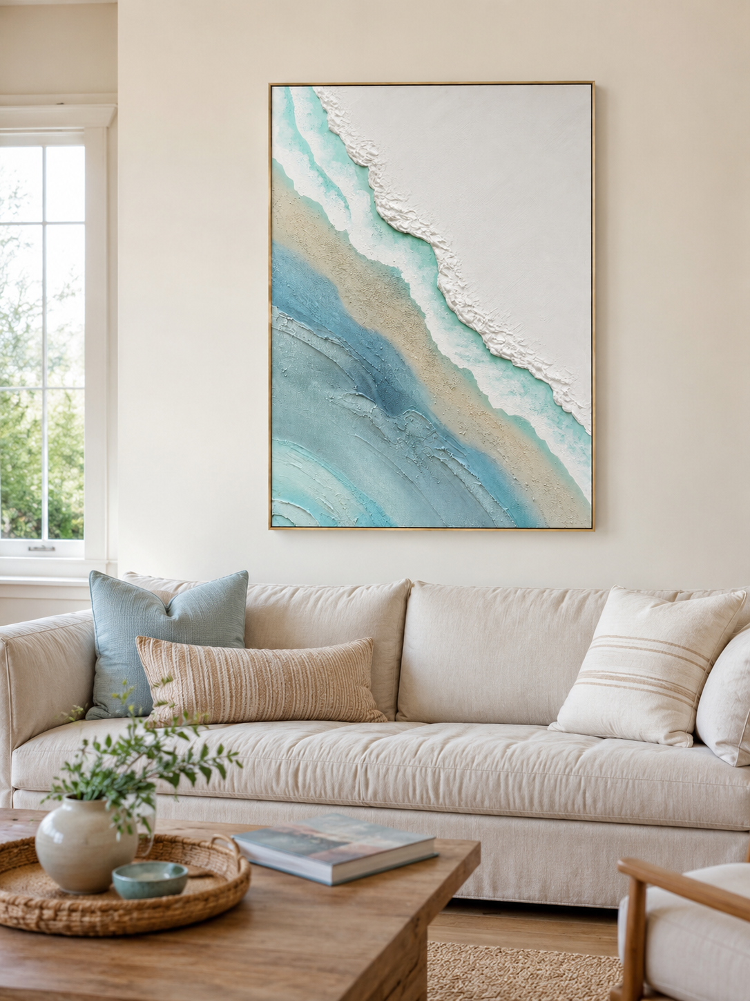 3D textured ocean shoreline painting above a neutral sofa in a modern coastal living room