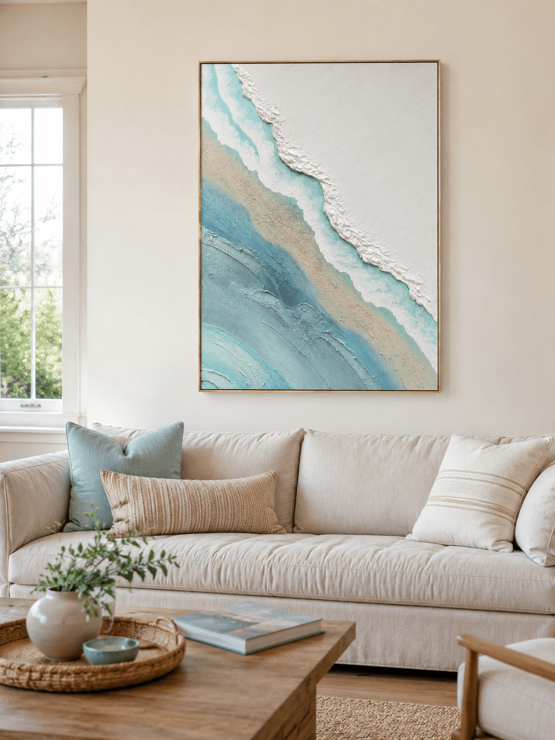 3D textured ocean shoreline painting above a neutral sofa in a modern coastal living room