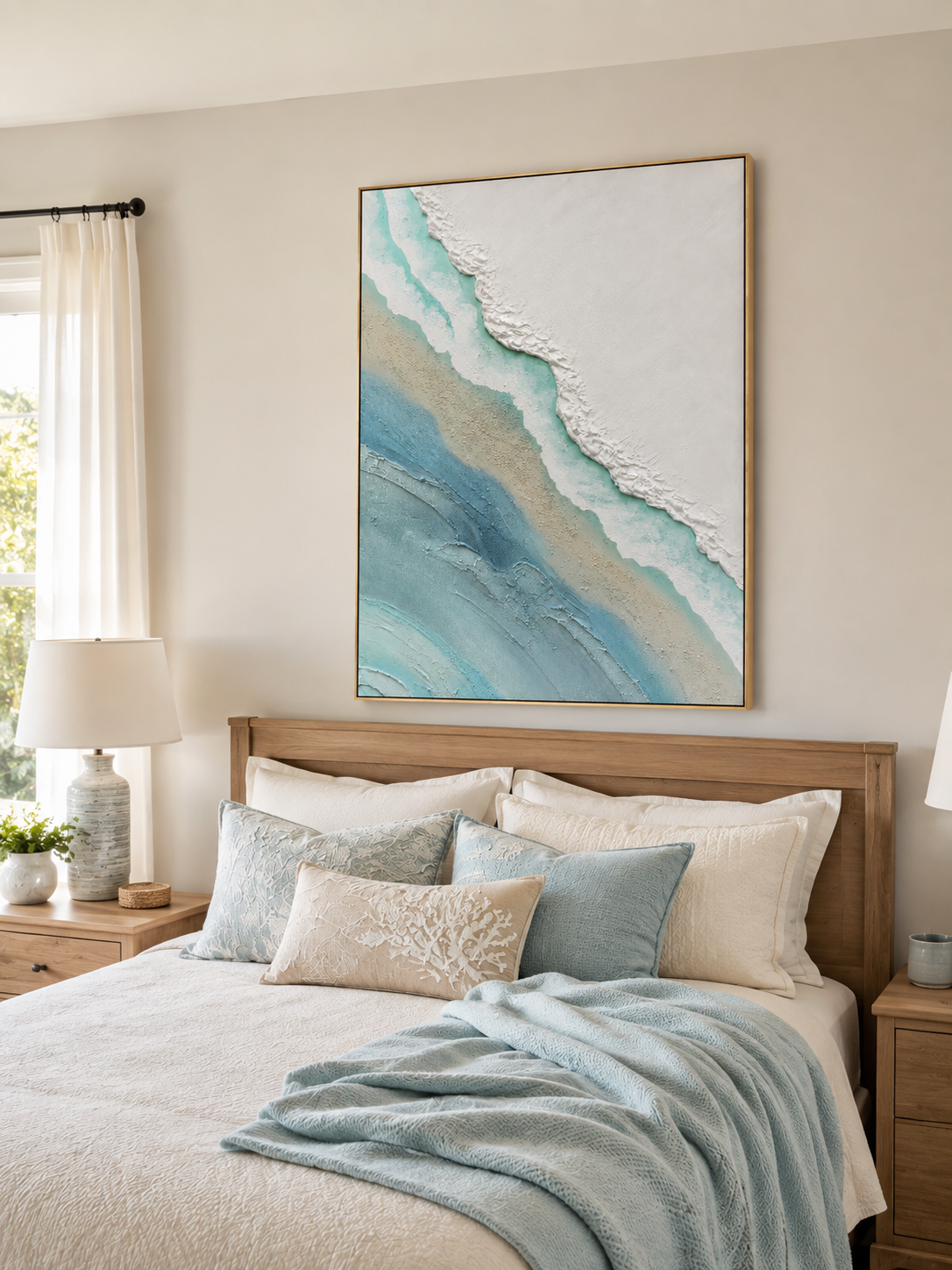 Aqua and white textured beach wall art displayed above a bed in a serene coastal bedroom