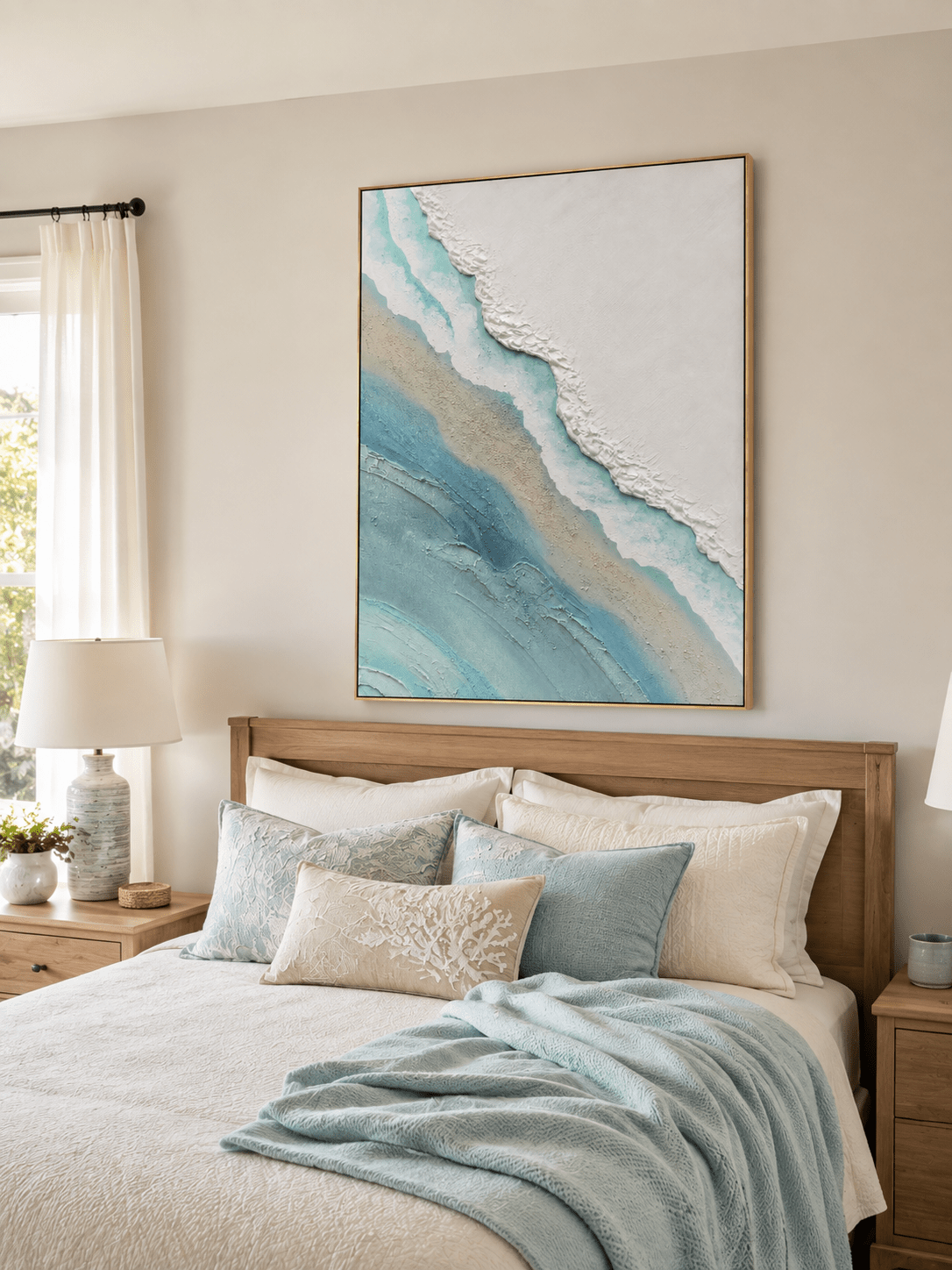 Aqua and white textured beach wall art displayed above a bed in a serene coastal bedroom