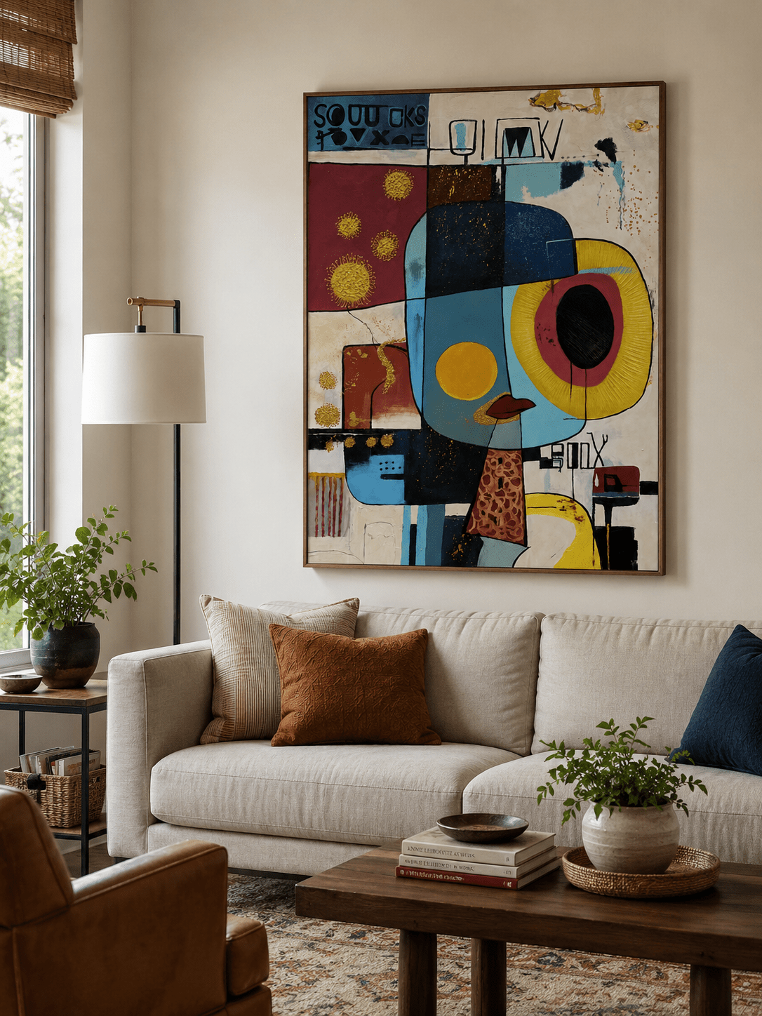 Colorful cubist face painting above a neutral sofa in a contemporary modern living room